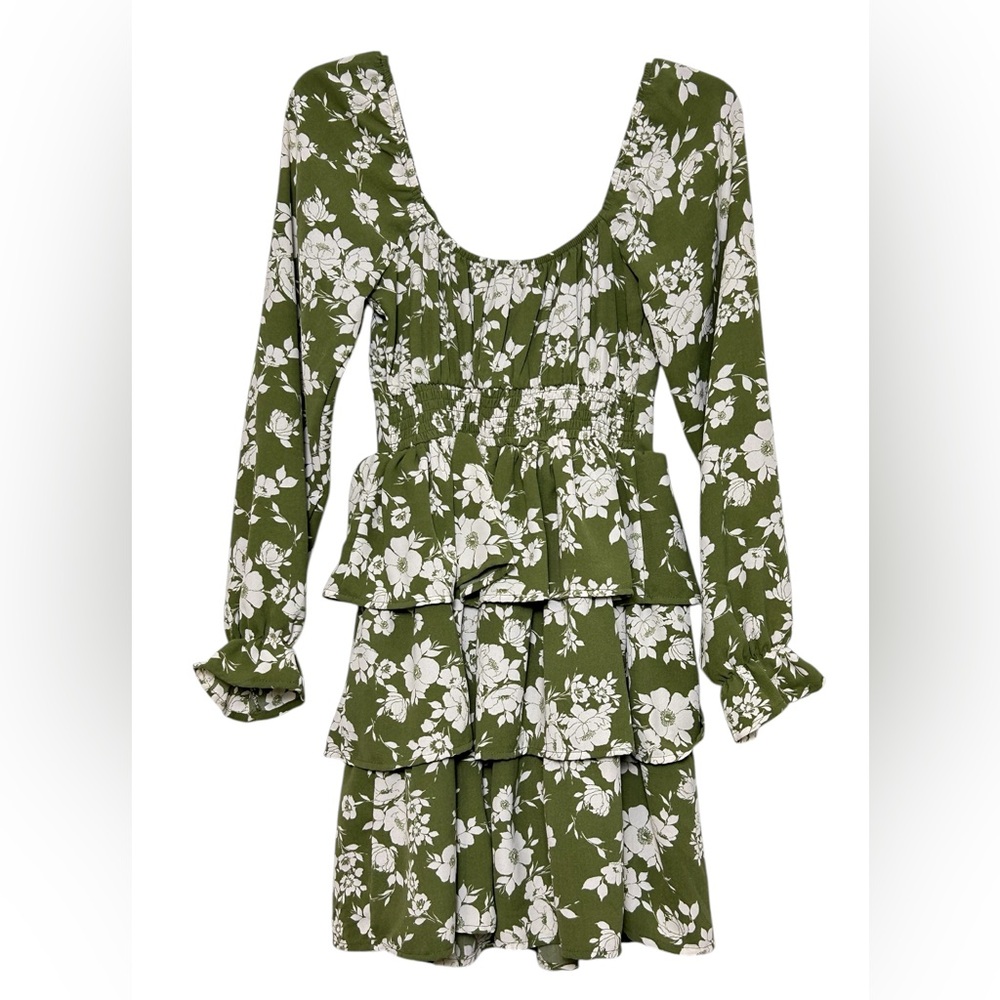Inspired Hearts Boho Floral Tiered Mini Dress Olive Green Size Small - Picture 3 of 9